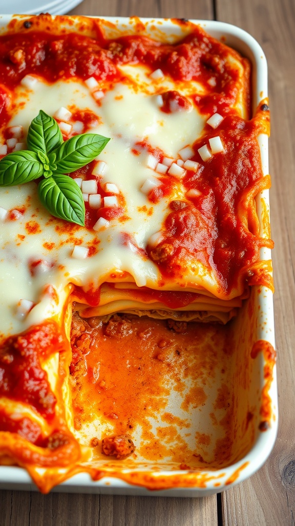A delicious homemade lasagna with layers of meat sauce, ricotta, and cheese, garnished with basil.